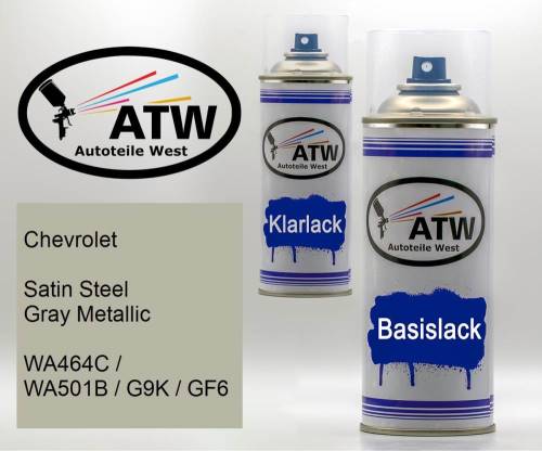 Chevrolet, Satin Steel Gray Metallic, WA464C / WA501B / G9K / GF6: 400ml Sprühdose + 400ml Klarlack - Set, von ATW Autoteile West.